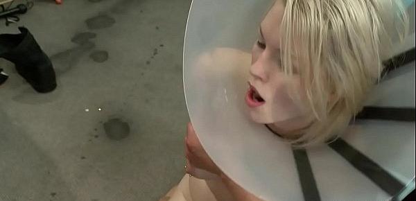  Blonde in cone collar fucked in public